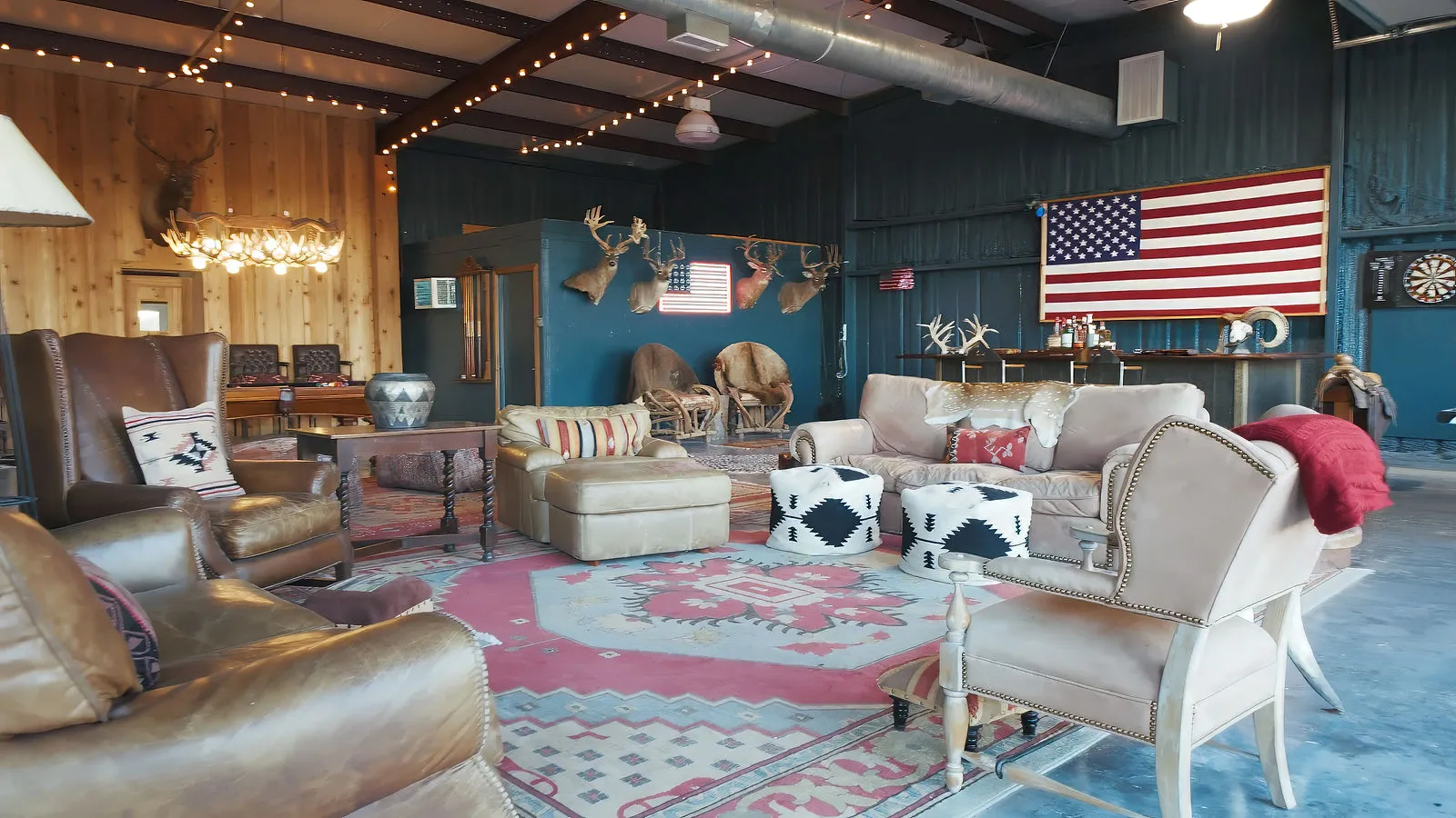 Lodge great room with leather couches